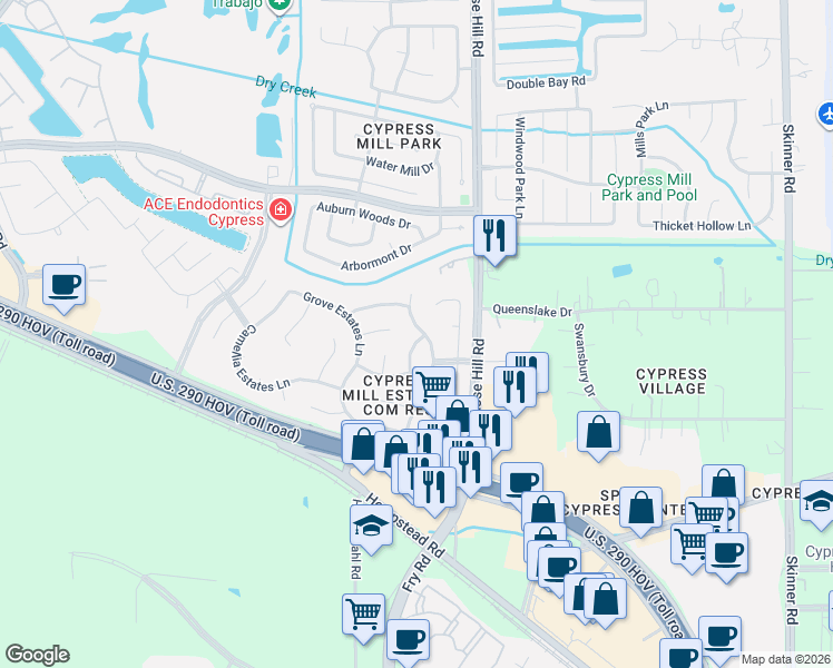 map of restaurants, bars, coffee shops, grocery stores, and more near 14426 Meadow Estates Lane in Cypress