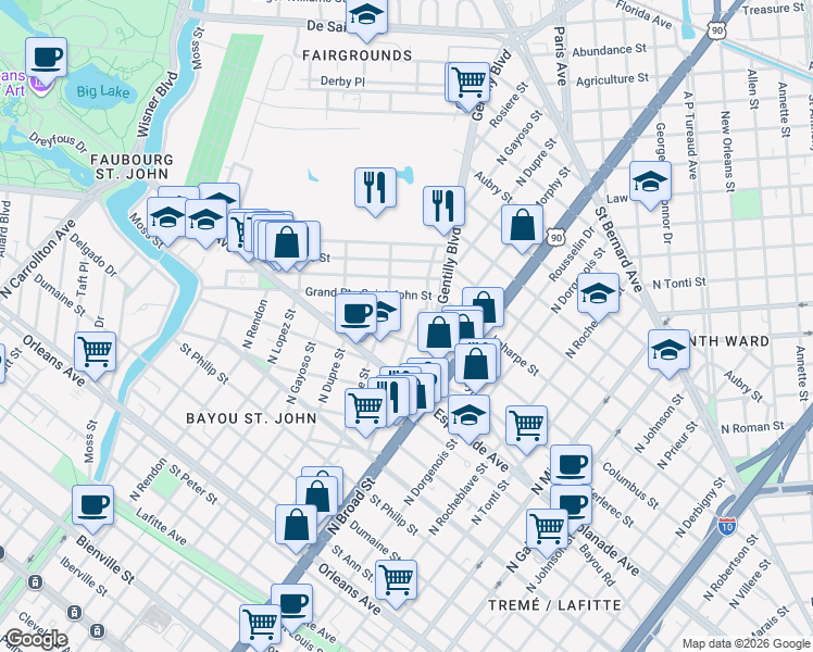 map of restaurants, bars, coffee shops, grocery stores, and more near 1464 North White Street in New Orleans