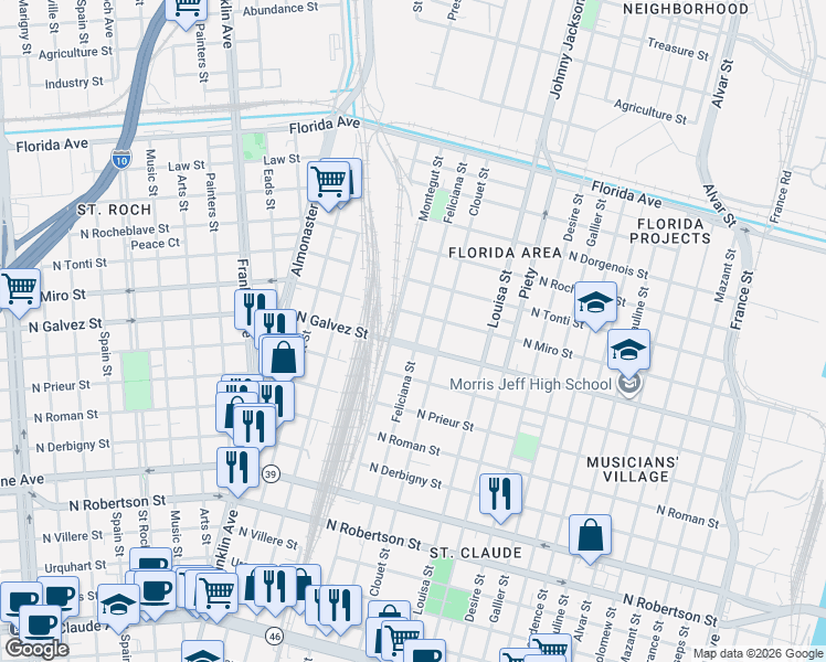 map of restaurants, bars, coffee shops, grocery stores, and more near 2132 Feliciana Street in New Orleans