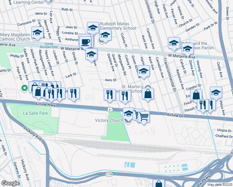 map of restaurants, bars, coffee shops, grocery stores, and more near 2641 Acron Avenue in Metairie