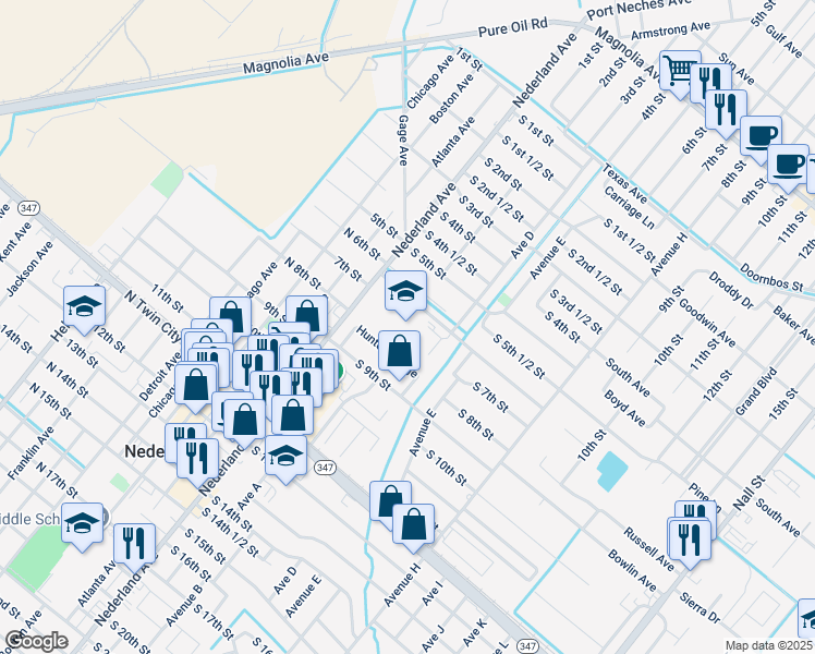 map of restaurants, bars, coffee shops, grocery stores, and more near 200 South 6th Street in Nederland