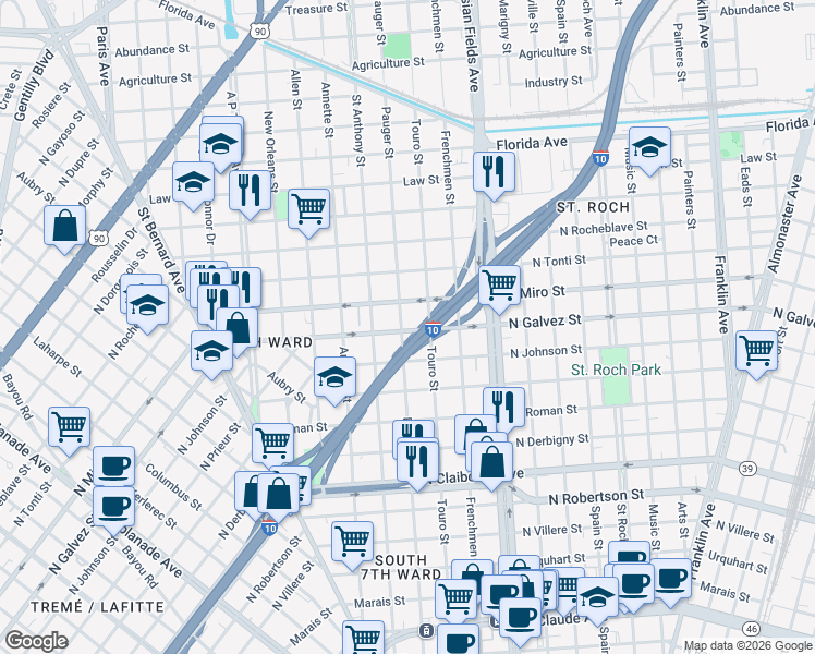 map of restaurants, bars, coffee shops, grocery stores, and more near 2822 Pauger Street in New Orleans