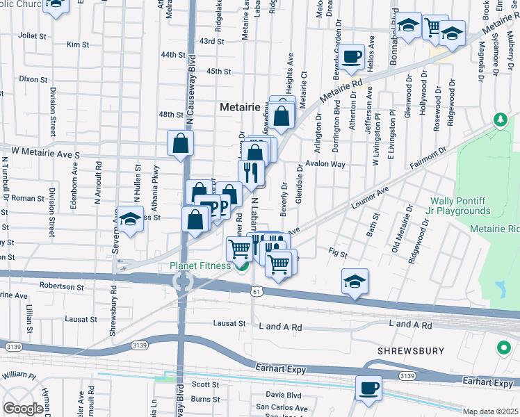 map of restaurants, bars, coffee shops, grocery stores, and more near 2621 Labarre Lane in Metairie