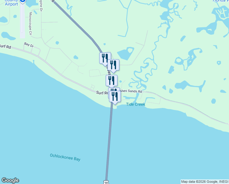 map of restaurants, bars, coffee shops, grocery stores, and more near 9 Mashes Sands Road in Panacea
