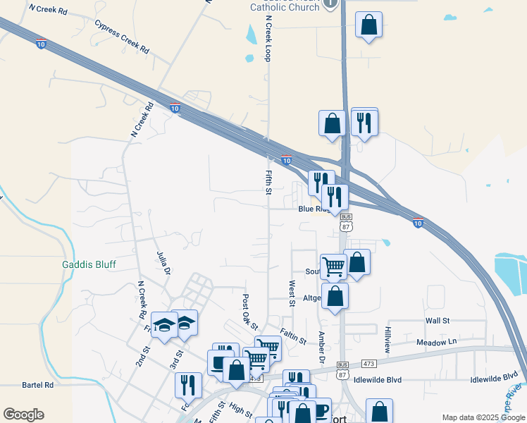 map of restaurants, bars, coffee shops, grocery stores, and more near 1140 5th Street in Comfort