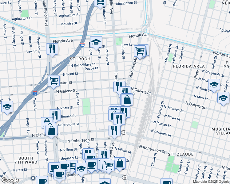map of restaurants, bars, coffee shops, grocery stores, and more near 2544 North Galvez Street in New Orleans