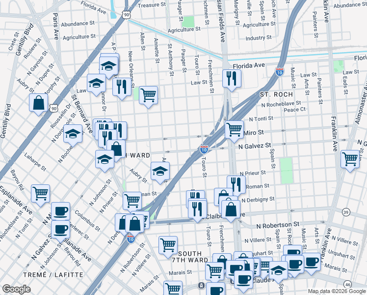 map of restaurants, bars, coffee shops, grocery stores, and more near 2822 Pauger Street in New Orleans