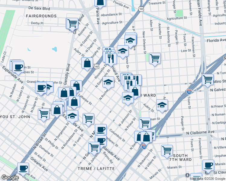 map of restaurants, bars, coffee shops, grocery stores, and more near 2315 D'Abadie Street in New Orleans