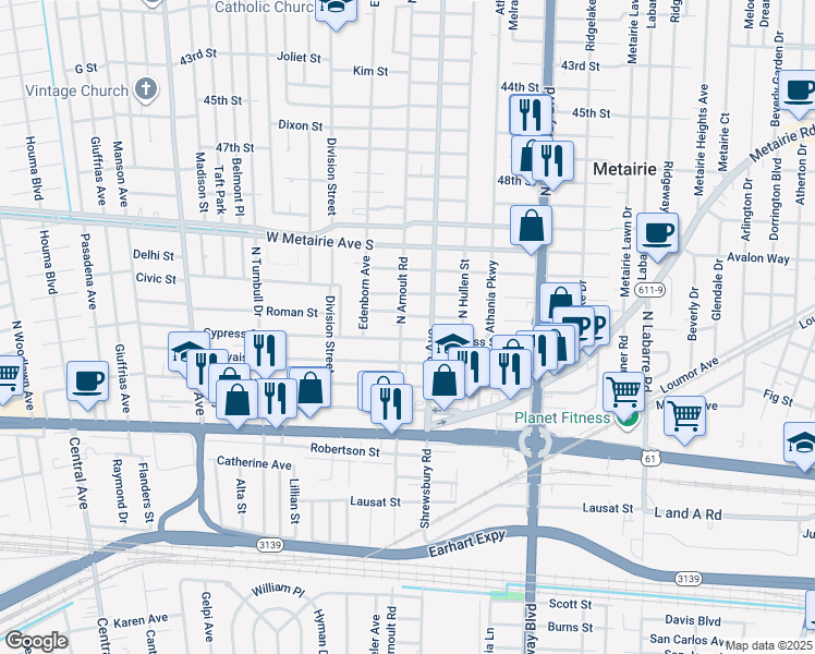 map of restaurants, bars, coffee shops, grocery stores, and more near 3624 Roman Street in Metairie