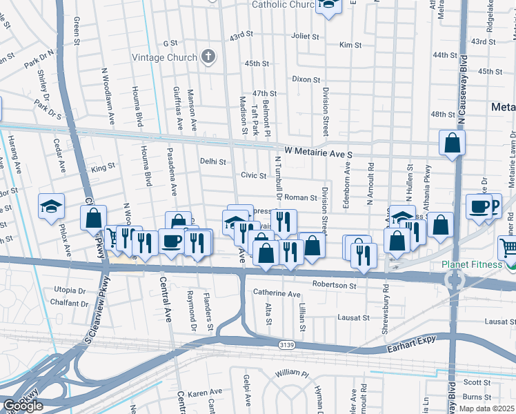 map of restaurants, bars, coffee shops, grocery stores, and more near 3826 Roman Street in Metairie