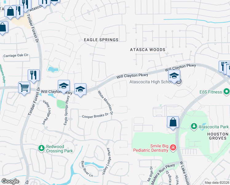 map of restaurants, bars, coffee shops, grocery stores, and more near 12714 Whistling Springs Drive in Humble