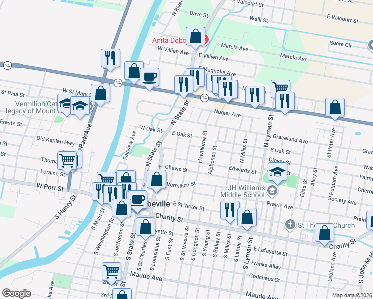 map of restaurants, bars, coffee shops, grocery stores, and more near 501-631 N East St in Abbeville