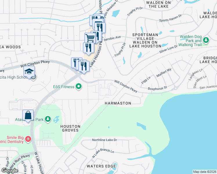 map of restaurants, bars, coffee shops, grocery stores, and more near 14100 Will Clayton Parkway in Humble