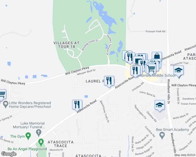 map of restaurants, bars, coffee shops, grocery stores, and more near 17807 Aveleigh Lane in Humble
