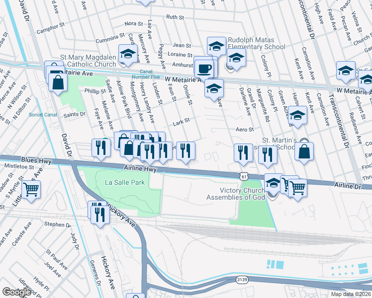 map of restaurants, bars, coffee shops, grocery stores, and more near 315 Trefny Avenue in Metairie