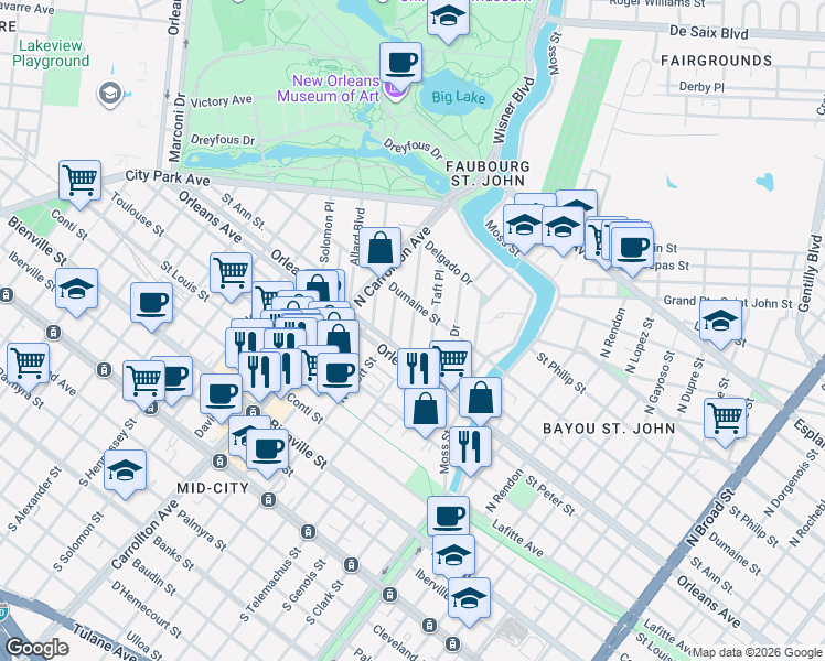 map of restaurants, bars, coffee shops, grocery stores, and more near 841 Roosevelt Place in New Orleans