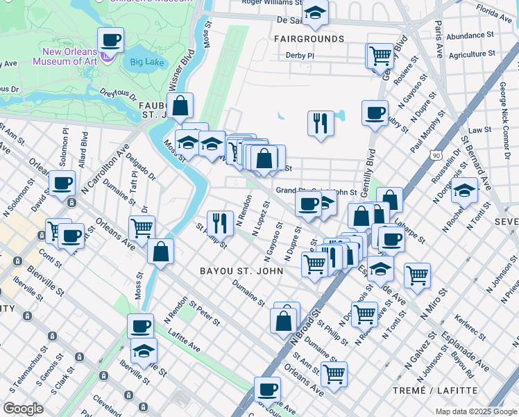 map of restaurants, bars, coffee shops, grocery stores, and more near 3109 Desoto Street in New Orleans