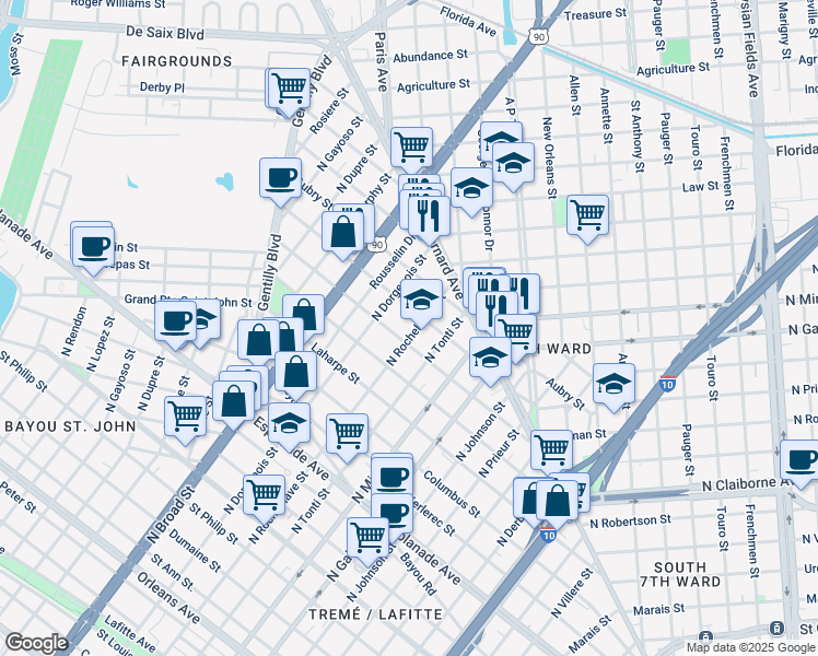 map of restaurants, bars, coffee shops, grocery stores, and more near 1661 North Rocheblave Street in New Orleans