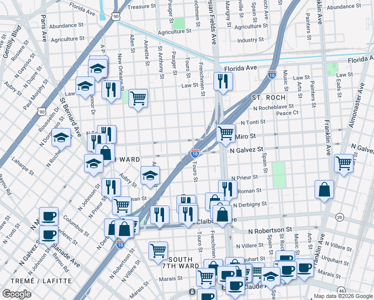 map of restaurants, bars, coffee shops, grocery stores, and more near 2120 Touro Street in New Orleans