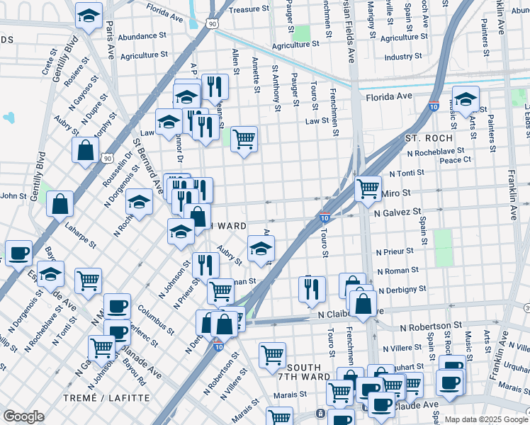 map of restaurants, bars, coffee shops, grocery stores, and more near 1901 North Galvez Street in New Orleans