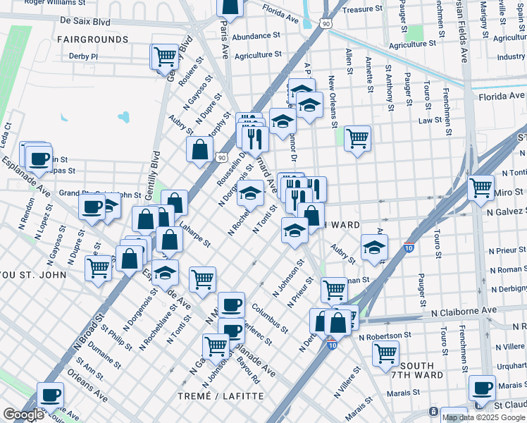 map of restaurants, bars, coffee shops, grocery stores, and more near 2315 D'Abadie Street in New Orleans