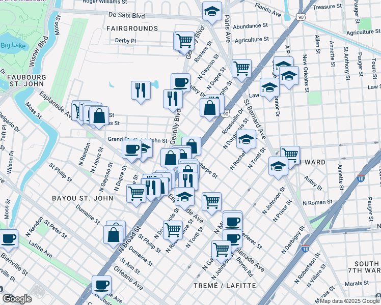 map of restaurants, bars, coffee shops, grocery stores, and more near 2621 Laharpe Street in New Orleans