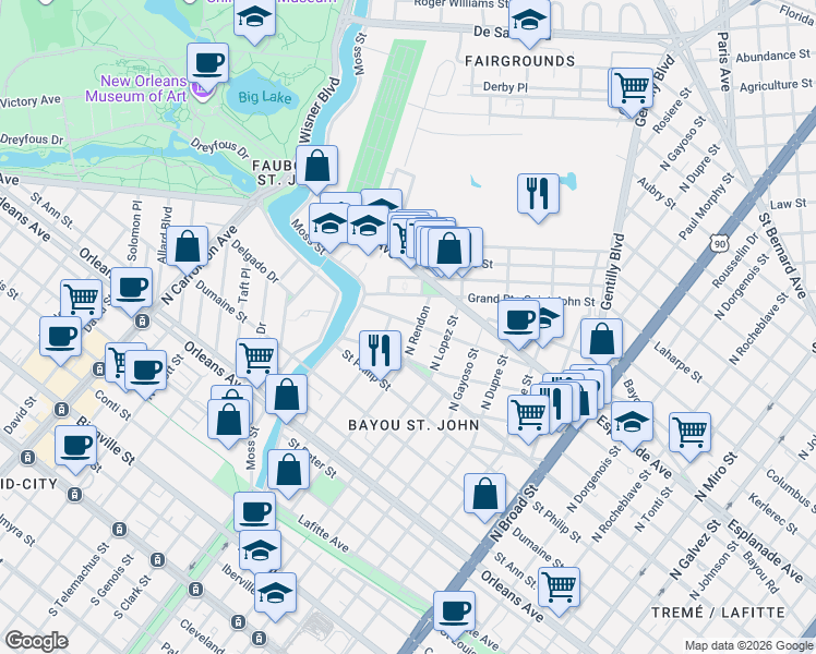 map of restaurants, bars, coffee shops, grocery stores, and more near 3224 Desoto Street in New Orleans