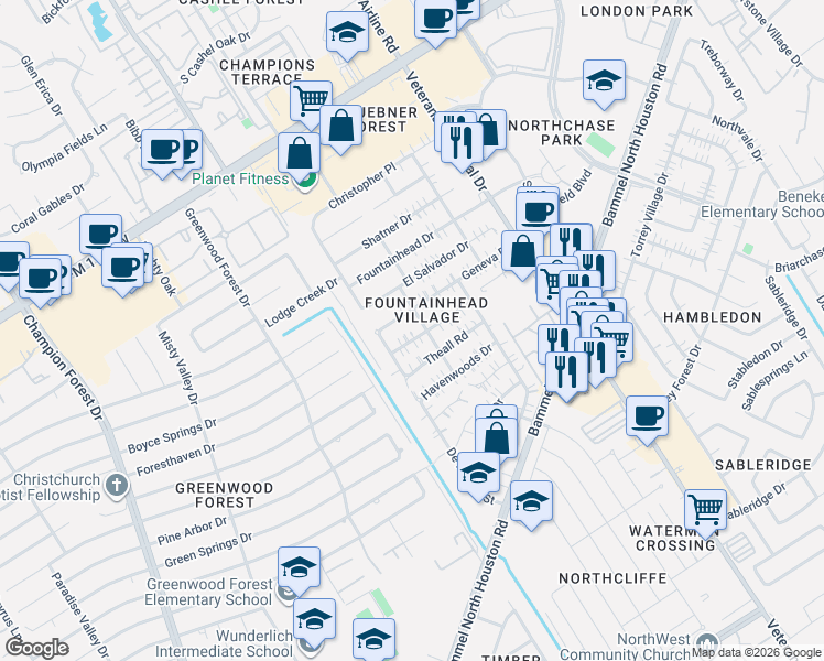 map of restaurants, bars, coffee shops, grocery stores, and more near 4734 Charade Drive in Houston