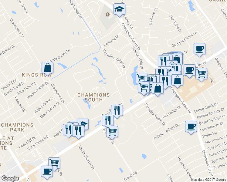 map of restaurants, bars, coffee shops, grocery stores, and more near 6106 Coral Gables Drive in Houston