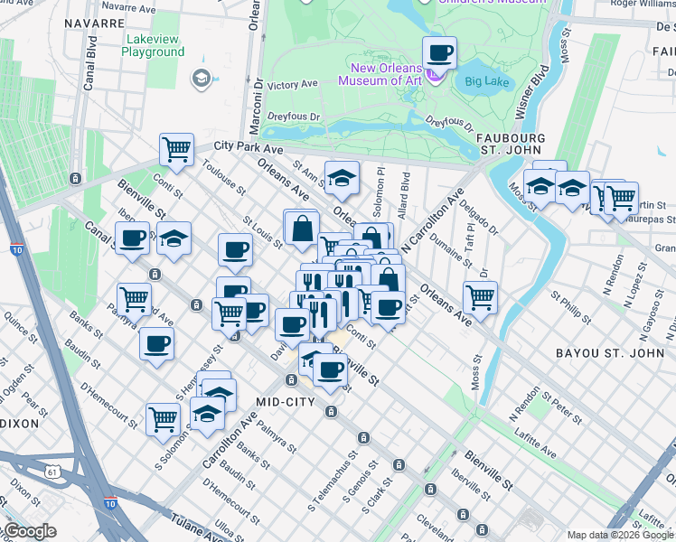 map of restaurants, bars, coffee shops, grocery stores, and more near 610 David Street in New Orleans