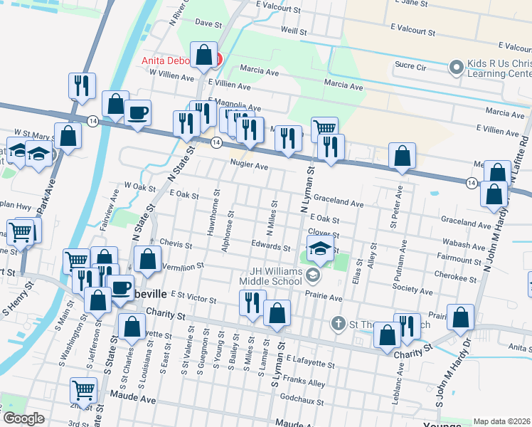 map of restaurants, bars, coffee shops, grocery stores, and more near 810 East Oak Street in Abbeville