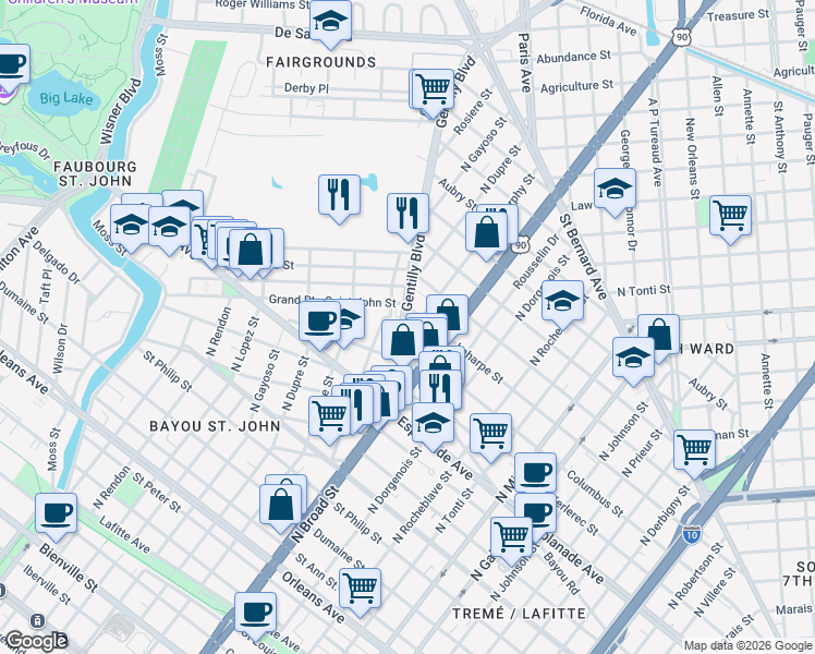 map of restaurants, bars, coffee shops, grocery stores, and more near 1515 Gentilly Boulevard in New Orleans