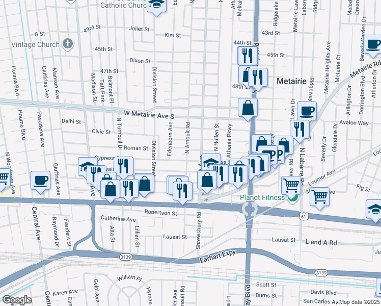 map of restaurants, bars, coffee shops, grocery stores, and more near 3624 Roman Street in Metairie