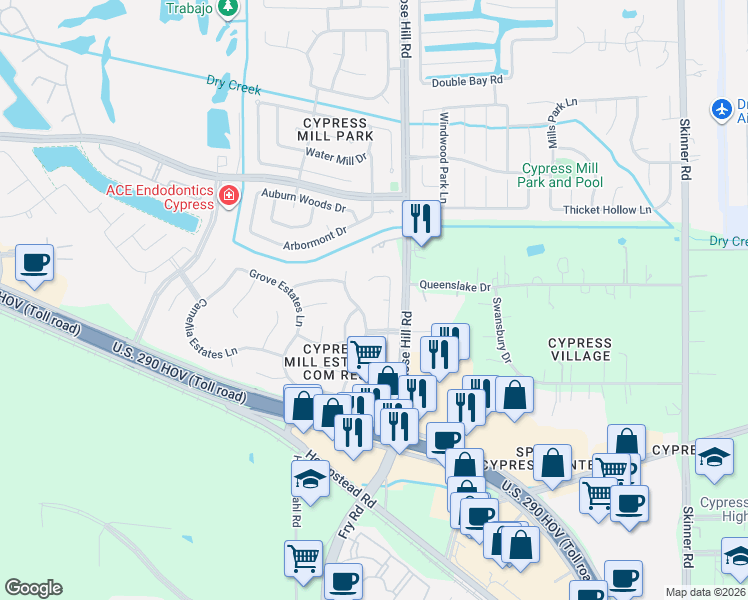 map of restaurants, bars, coffee shops, grocery stores, and more near 18002 Trellis Estates Court in Cypress