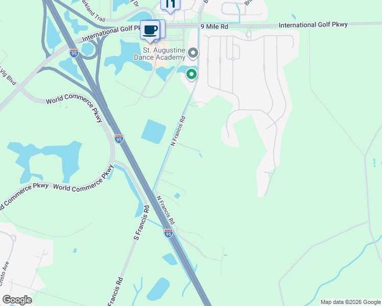 map of restaurants, bars, coffee shops, grocery stores, and more near 4600 North Francis Road in St. Augustine