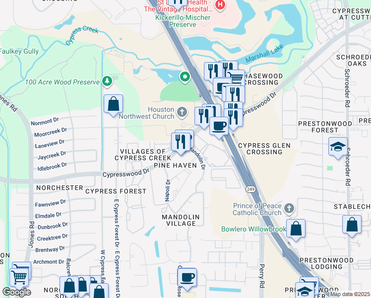 map of restaurants, bars, coffee shops, grocery stores, and more near 10203 Cypresswood Drive in Houston