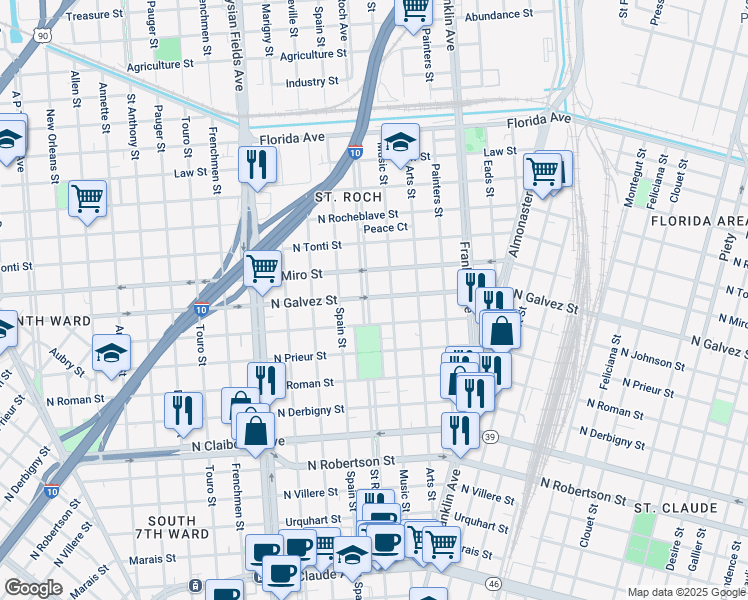 map of restaurants, bars, coffee shops, grocery stores, and more near 2410 North Galvez Street in New Orleans