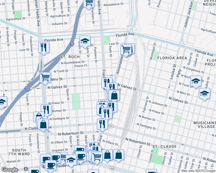 map of restaurants, bars, coffee shops, grocery stores, and more near 2031 Franklin Avenue in New Orleans