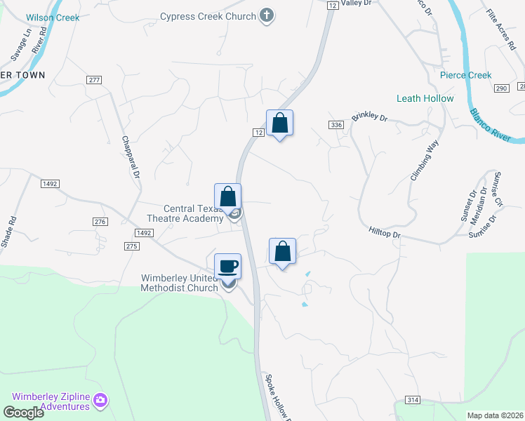 map of restaurants, bars, coffee shops, grocery stores, and more near 12322 Ranch Road 12 in Wimberley