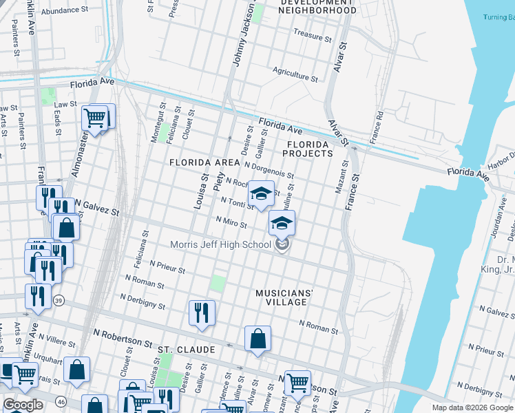 map of restaurants, bars, coffee shops, grocery stores, and more near 2308 Independence Street in New Orleans