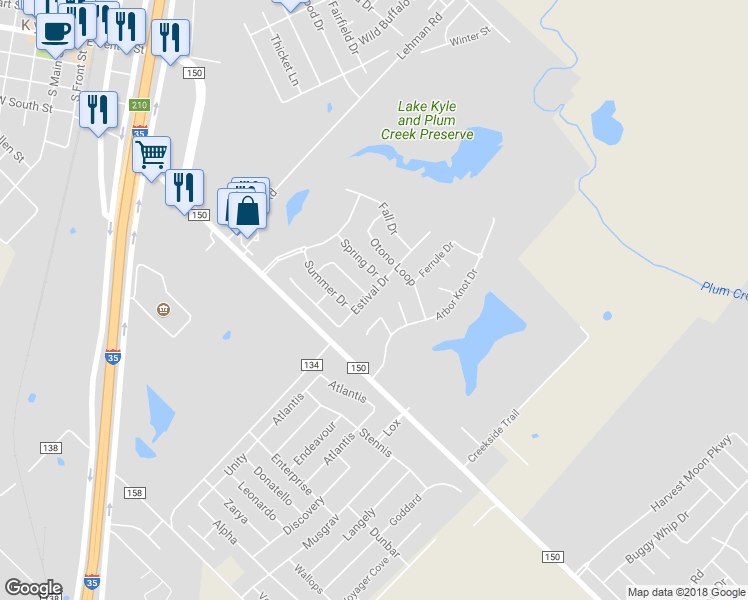 map of restaurants, bars, coffee shops, grocery stores, and more near 1144 Estival Drive in Kyle