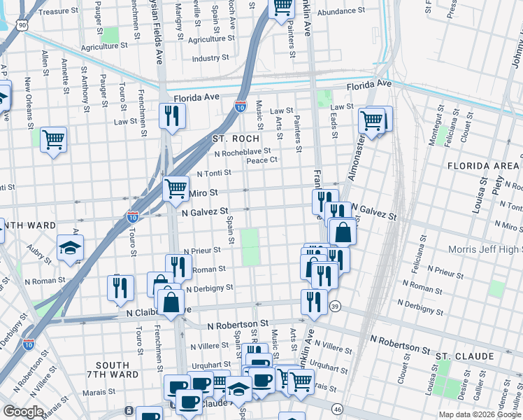 map of restaurants, bars, coffee shops, grocery stores, and more near 2410 North Galvez Street in New Orleans