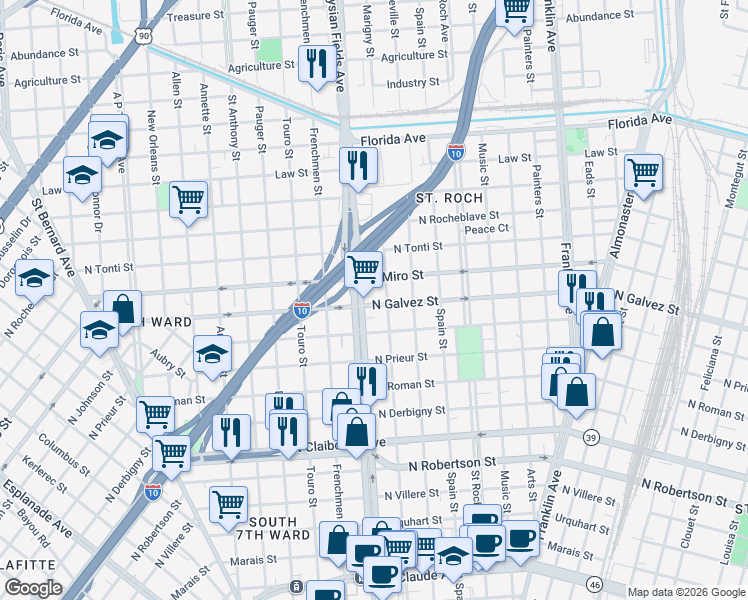map of restaurants, bars, coffee shops, grocery stores, and more near in New Orleans