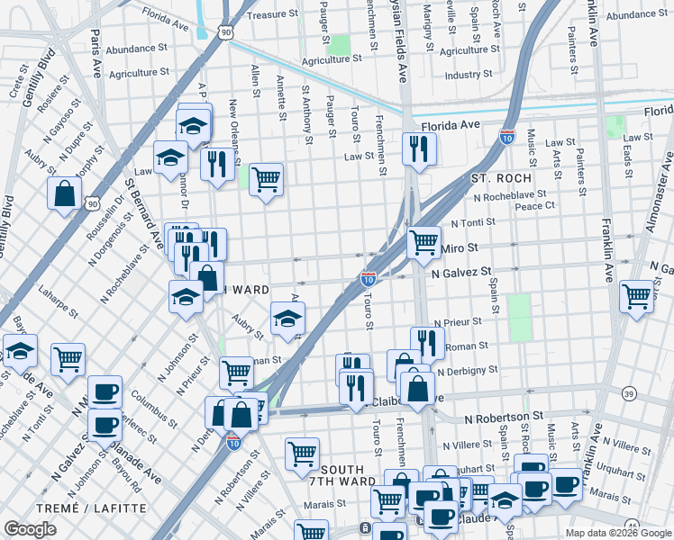 map of restaurants, bars, coffee shops, grocery stores, and more near 2822 Pauger Street in New Orleans