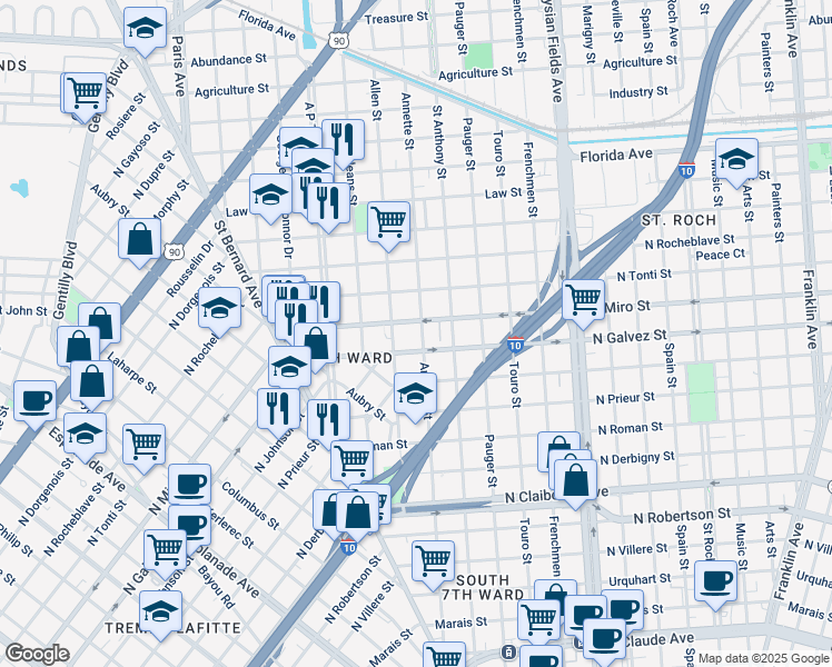 map of restaurants, bars, coffee shops, grocery stores, and more near 2129 Allen Street in New Orleans