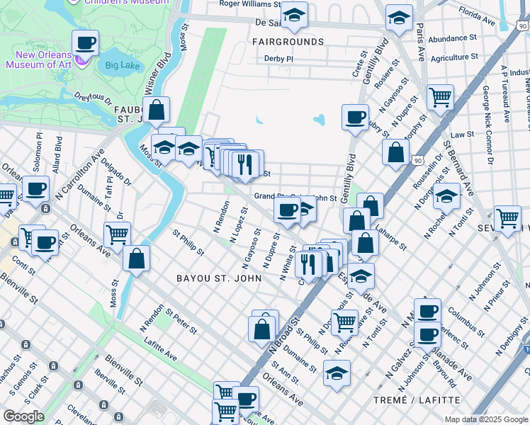 map of restaurants, bars, coffee shops, grocery stores, and more near Lepage Street in New Orleans