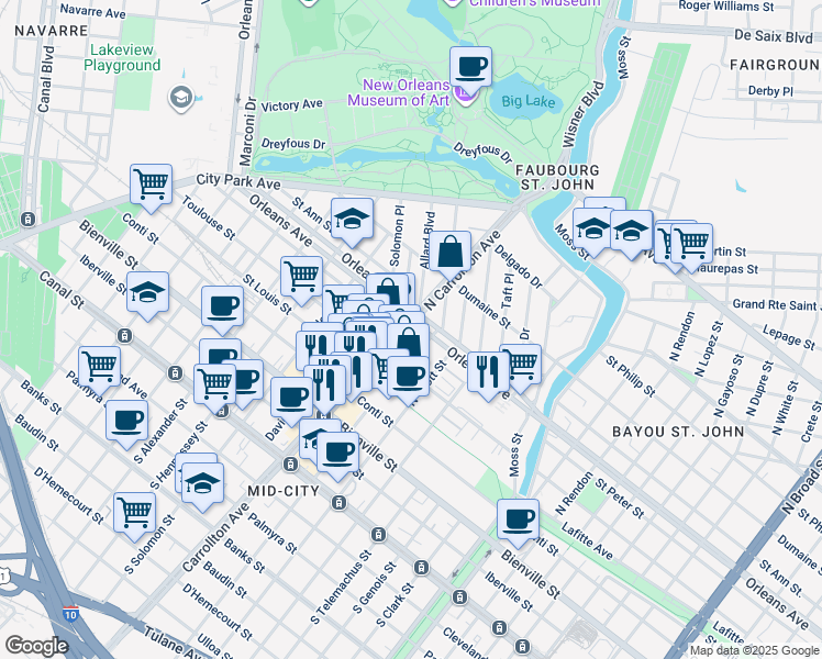 map of restaurants, bars, coffee shops, grocery stores, and more near 729 North Carrollton Avenue in New Orleans