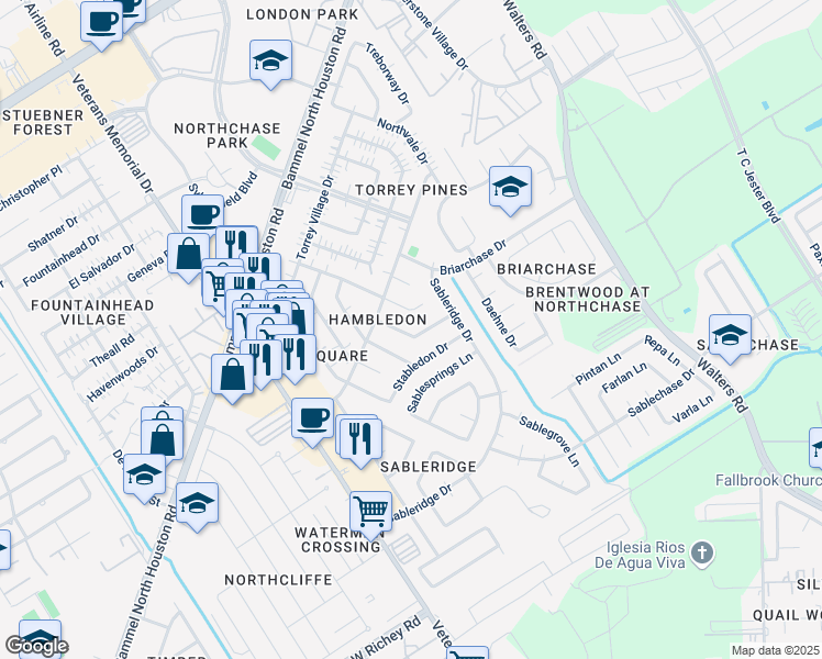 map of restaurants, bars, coffee shops, grocery stores, and more near 4154 Surreydon Drive in Houston
