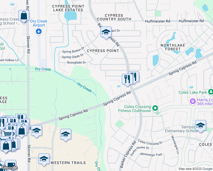 map of restaurants, bars, coffee shops, grocery stores, and more near 16306 Spring Cypress Road in Cypress