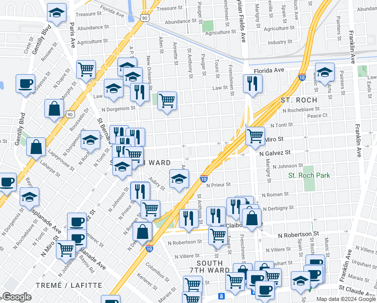 map of restaurants, bars, coffee shops, grocery stores, and more near 1901 North Galvez Street in New Orleans